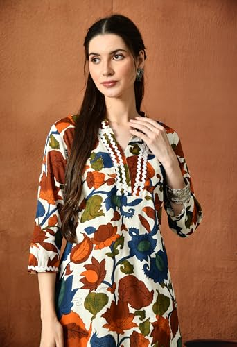 Image of Amazon Brand - Tavasya Women Floral Printed 3 /4th Sleeve Kurta | Straight Fit Salwar | Everyday Ethnic Wear