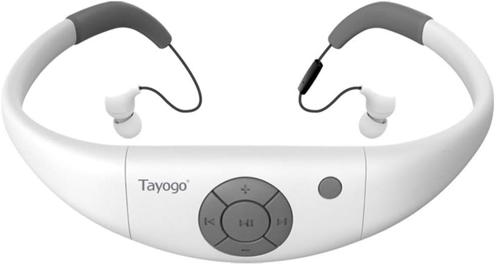 TayogoTayogo Waterproof Mp3 Player 8GB Swimming Bluetooth Headset Underwater 10feet with FM APP Flash Drive for Swimming Running Riding Walking SPA and Other Water Sport with Shuffle Feature-White