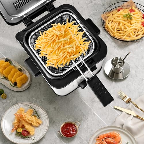 Image of SUSTEAS 1.5 Liter /1.35QT Electric Deep Fryer, 900W, Timer Control, Adjustable Temperature, Lid with Viewing Window and Removable Frying Basket, Stainless Steel, Perfect for Kitchen, French Frie