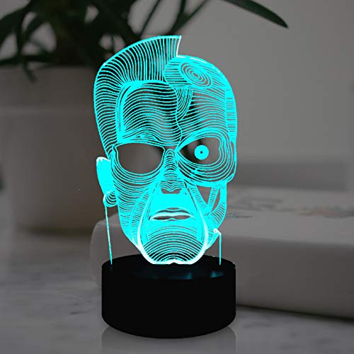 Future Warrior MIT Term Face Mask Cartoon Lamp for Boy Arnold Schwarzenegger Figure Comic 3D Optical LED Night Light 16 Color Change Remote USB Base Holiday Party Mood Xmas Souvenir for Friend Kid