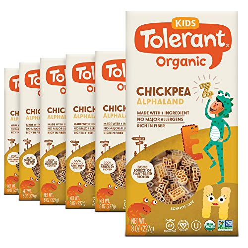 Tolerant Organic Kids Chickpea Alphaland Pasta, 8 Ounce Box (Case of 6), Single Ingredient Plant-Based Protein Pasta, Vegan Pasta, Gluten Free Pasta, School Safe, Low Glycemic Index Pasta