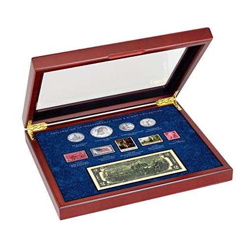 American Coin Treasures Wood Box Declaration of Independence Coin and Stamp Set| Genuine United States Currency | Mint Postage Stamps |Americana Collectible | Certificate of Authenticity