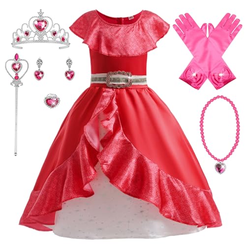 YOSICIL Elena Aventura Vestido Clásico Elena de Avalor Disfraz Princesa Elena Niñas con volantes Niñas Halloween Disfraz Fiesta de Navidad Rojo,150