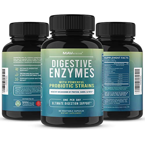 MAV Nutrition Digestive Enzymes & Probiotics, Digestion Aid with 3 Strains, Shelf Stable, 60 Count