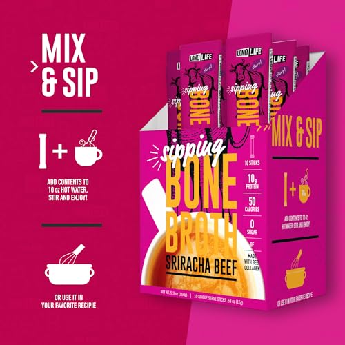 Image of LonoLife Sriracha Beef Bone Broth Powder Mix | Grass-Fed, 10g Protein | Collagen-Rich, Keto & Paleo Friendly | Natural Ingredients | 10 Portable Stick Pack Servings