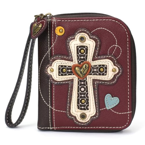 Image of CHALA Zip Around Wallet, Wristlet, 8 Credit Card Slots, Sturdy Pu Leather - Cross - Maroon