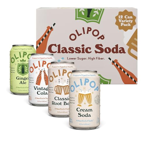 OLIPOP Prebiotic Soda Pop, Favorites Variety, Pantry Pack Packed with Prebiotics, Fiber, and Botanicals, Gluten Free, GMO Free, 12oz (12-Cans)