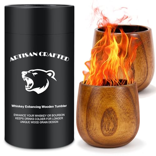 seeykey Charred Wooden Bourbon Drinking Glasses 2 Pack, Wooden Whiskey Glass 10 Oz Old Fashion, Perfect Presents for Men, Dad, Boy Friend, Husband, Brother or Whiskey Lovers