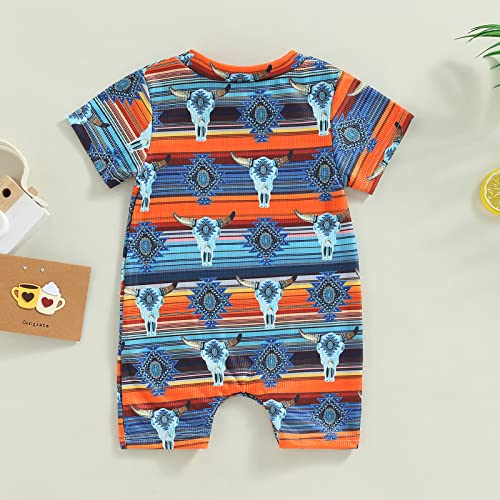 Muasaaluxi Western Baby Girl Boy Clothes Short Sleeve Cow Print Romper One Piece Bodysuit Shorts Summer Outfit (Blue Orange, 3-6 Months) #TOP6