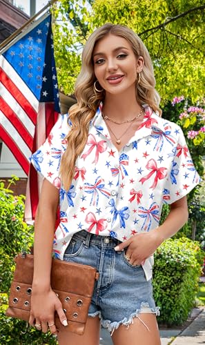 Image of American Flag Shirt for Women 4th of July USA Button Up Tops Summer Hawaii Floral Patriotic Stripes Graphic Tee