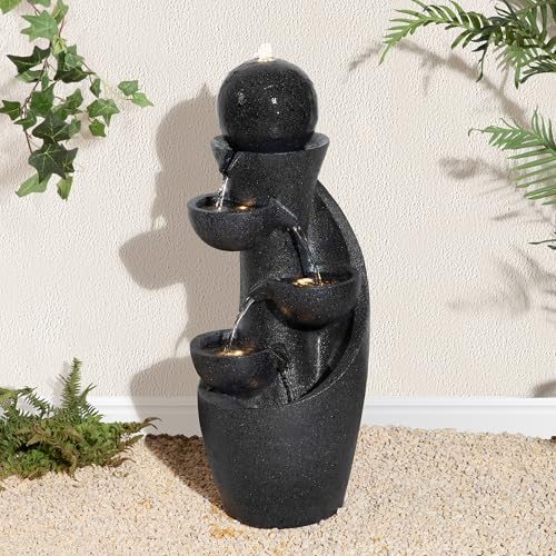 Image of Glitzhome Outdoor Water Fountain with LED Light & Pump, Modern 5-Tier Bowl and Sphere Polyresin Outdoor Fountain, 33.5 inch Cascading Waterfall Fountain Water Feature for Porch Deck Patio Backyard Decor