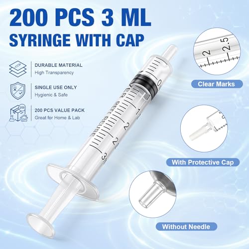 Image of TrelaCo 200 Pcs 3ml Syringe Without Needle with Cap, 3cc Oral Syringe