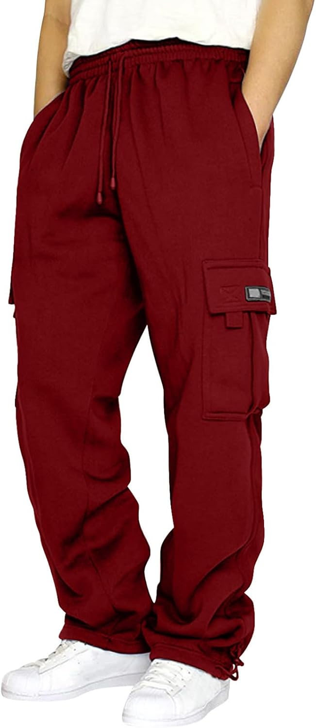 Lasjixion Men's Cargo Sweatpants Open Bottom Fleece Hiking Jogger Cargo Sweatpants for Men with Pockets