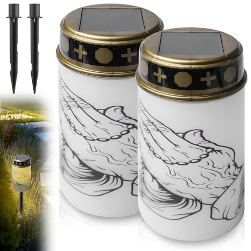 GOMETY Lot de 2 lanternes funéraires solaires LED étanches sans flamme avec piquet de terre - Fonctionne à l'énergie solaire avec capteur de lumière - Bougie funéraire LED - Bougie commémorative