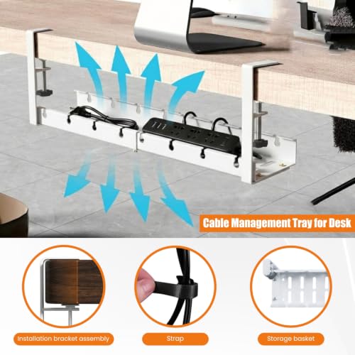Image of Dyazo Adjustable Under Desk Cable Management Tray | No Drill Clamp-On Rack | Expandable 28.5-55cm Holder for Extension Board, Power Strip & Charging Cable | Heavy-Duty Metal Wire Organizer Shelf-White