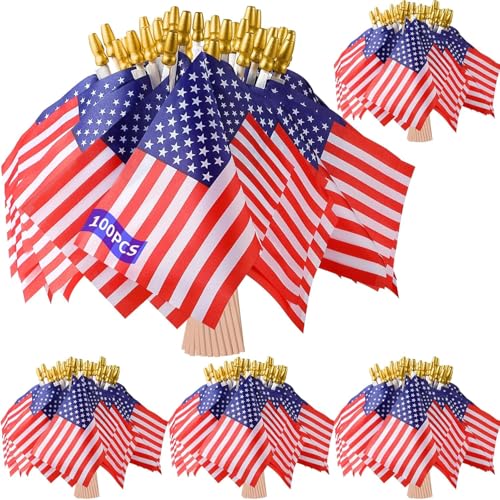 Zoblise Small American Flags on Stick: 100 Pcs 5.5x8 Inches Small US Flags Bulk Wooden Stick Handheld, Mini American Flags for Outside, Presidents Day, Veterans Day Patriotic Decoration