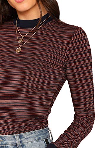 SheIn Women's Casual Mock Neck Striped Tee Tops Long Sleeve Slim Fit T-Shirts Small Multicolor