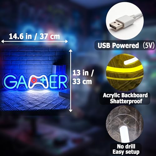 Image of Gamer Neon Sign for Wall Decor Light Up Sign Led Signs for Game Room Party Home Wall Decor USB Powered