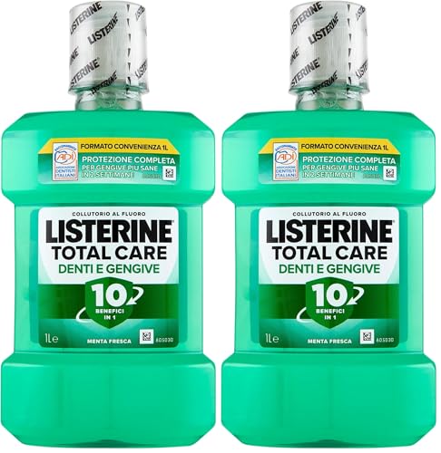 LISTERINE Enjuague bucal defensa dientes y encías, sabor a menta fresca, enjuague bucal encías inflamadas para dientes fuertes, con fluoruro, higiene bucal para encías sanas, 1 litro (Paquete de 2)