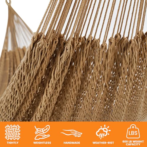 Image of Lazy Daze Hammocks Handwoven XL Mayan Hammock, 10.5 FT Soft Rope Double Hammocks, Portable Outdoor Hammock with Carry Bag, 2 Straps & Carabiners for Patio Outside, 550 lbs Weight Capacity, Tan