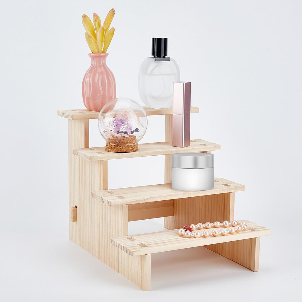 NBEADS 4-Tier Wooden Display Riser Shelf, 23.9x20x18.7cm Antique White Tabletop Small Food Stand Risers Display Makeup Step Perfume Organizer for Fragrance Cosmetics Figure Collection — image 1
