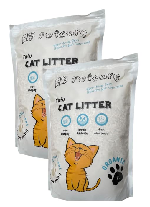 HS Petcare Organic Tofu Cat Litter Original Scent, Ultra clumping, Great odour control, Flushable reduce waste, Long lasting Dust free (Pack of 2 (14L), Original)