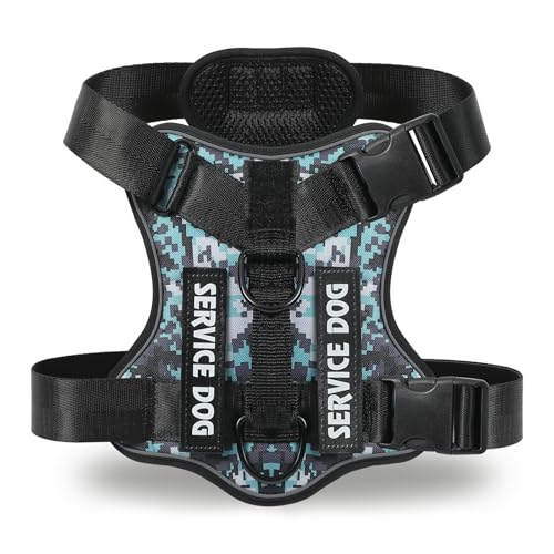 COMSLE Pettorina Cane Taglia Media Grande, Regolabile Pettorina Anti Tiro per Cani con 3 Ganci in Metallo, Imbracatura Riflettente Traspirante per Cani, Camouflage Blu, XS