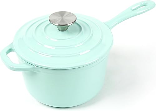 HAWOK Mini cacerola de hierro fundido esmaltado, diámetro de 5.5 pulgadas, 1 cuarto de galón, verde