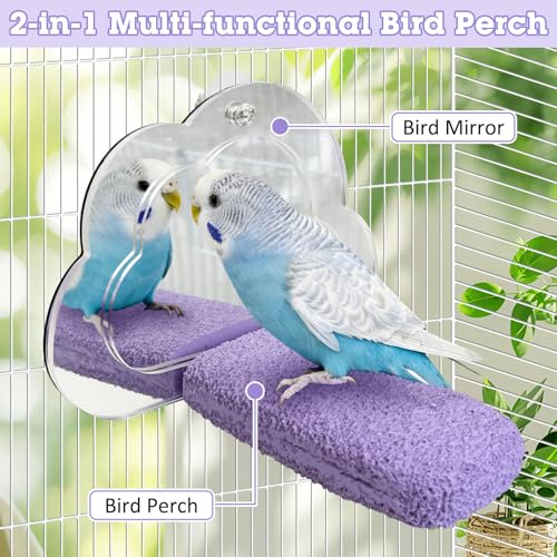 Image of PINVNBY 2 PCS Bird Mirror with Perch Resin Parakeet Perches Hanging Parrot Toys Interactive Bird Cage Accessories for Cockatiel Conure Lovebird Finch (Purple)