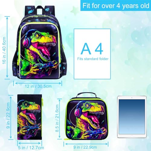 Image of CCJPX 3Pcs Dinosaur Backpack for Boys, 16 inch Gamer Kids Bookbag with Lunch Box, Cool Water Resistant Schoolbag for Preschool Kindergarten Toddler(Black)