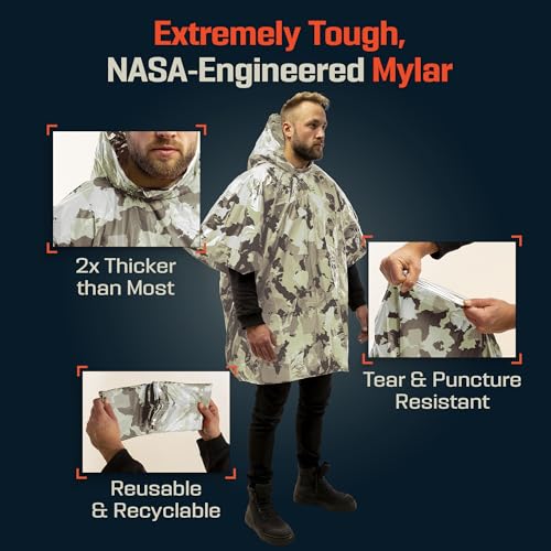 Image of PREPARED4X Emergency Mylar Poncho - Survival Rain Poncho with Hood - Lightweight, Compact, Reusable Emergency Blanket Poncho for Hiking, Camping, Thermal Gear, Car Kit, Outdoors