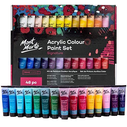 Mont Marte Acrylic Paint Set 48 Colors 36ml, Suitable for Canvas, Wood, MDF, Leather, Air-Dried Clay, Plaster, Cardboard, Paper and Crafts, Multicolour