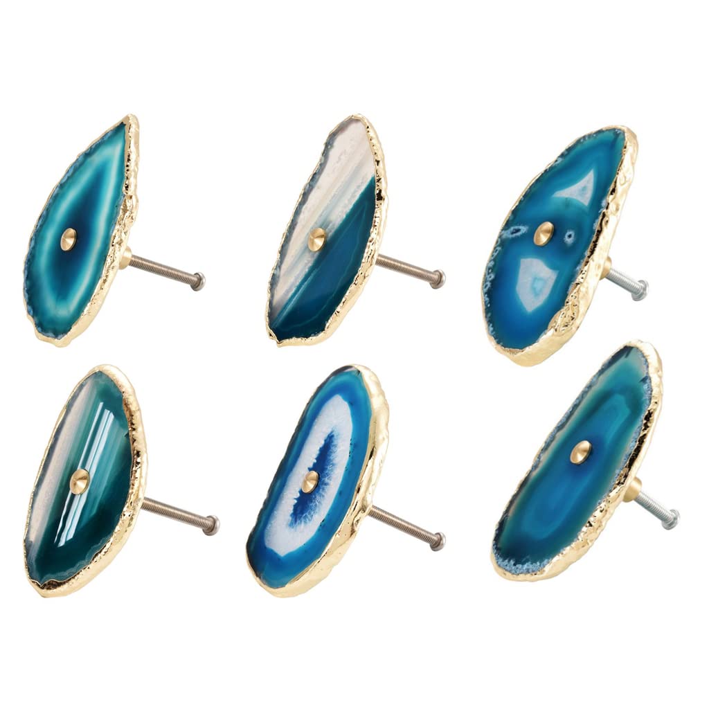 Lpraer 6PCS Agate Cabinet Knobs Agate Slice Drawer Knobs Natural Crystal Stone Kitchen Cupboard Pulls Decorative Dresser Wardrobe Handles with Screws for Closet Furniture Door Bedroom Bathroom, Blue