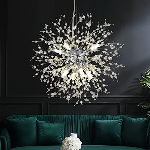 Modern Crystal Chandeliers Firework, 8-Light Chrome Dandelion Sputnik Ceiling Light Fixtures, Sputnik Chandelier for Bedroom Living Room Dining Room Kitchen Island Hallway