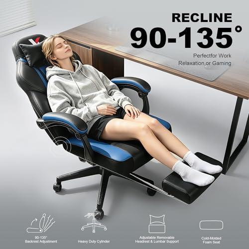 Image of Ergonomic Big and Tall Gaming Chair 400lbs Heavy Duty Computer Office Desk Chair with Footrest, Comfortable Pocket Spring Cushion & Linkage Armrests for Adults Blue