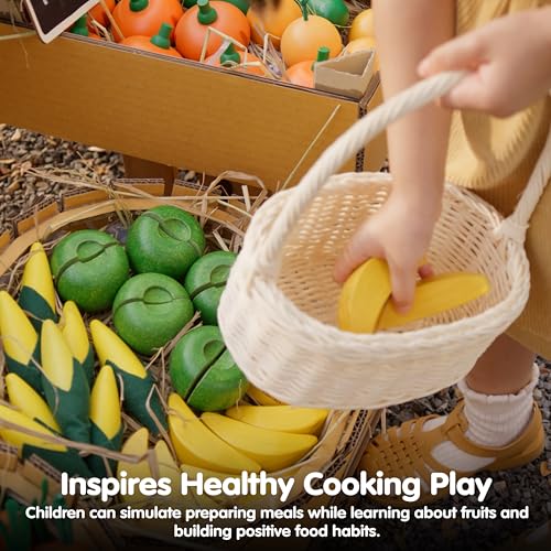 Image of PlanToys Wooden Fresh Produce Set Apples, Oranges & Bananas | Sliceable Montessori Pretend Play Food for Role Play, Fine Motor Skills & Imaginative Play | Eco Friendly Kitchen Toy