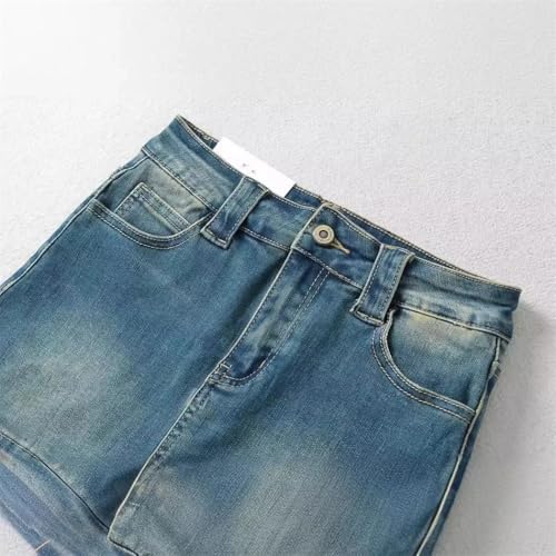Women's Retro Washed Bleach Denim Mini Skirt High Waist Slimming Bodycon Cotton Knitted Short Skirt3