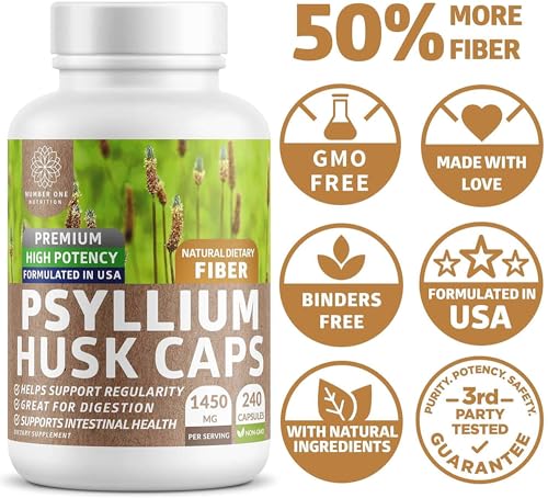 N1N Premium Psyllium Husk Capsules [All Natural,1450 MG] Powerful Soluble Fiber Supplement to Support Regularity and Digestive Health, 240 Caps - Thumbnail 5