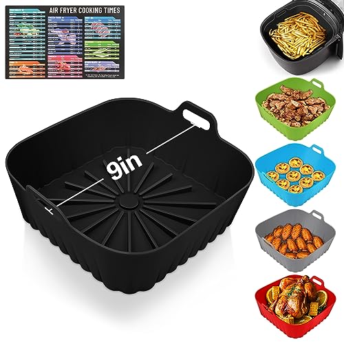 Image of Square Silicone Air Fryer Liners - 9 Inch Reusable Inserts for 6 to 9 QT Air Fryers (1 Pcs Black)