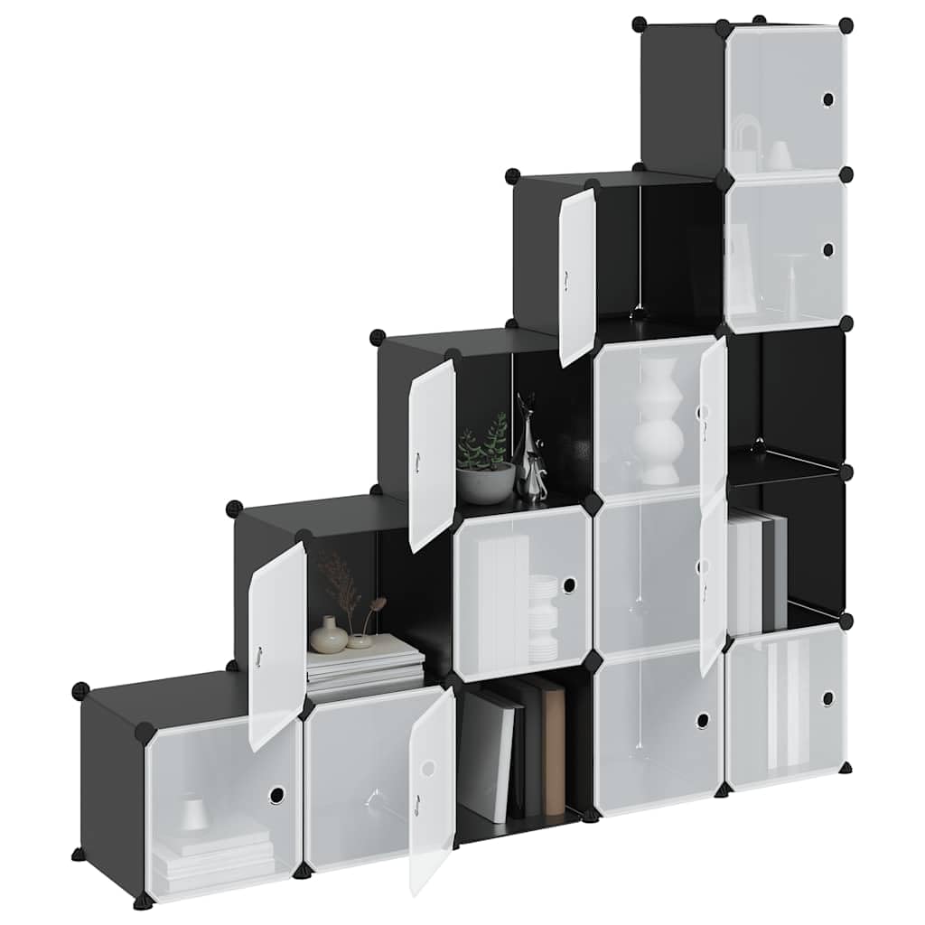 System regałów z 15 kostkami i drzwiczkami, czarny, z tworzywa sztucznego PP, ze stalową ramą, 156 x 31,5 x 153,5 cm, można układać w stos i zamykane, uniwersalny regał na buty