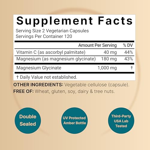NatureBell Pure Magnesium Glycinate 1,000 mg, 240 Vegetarian Capsules | 1,000 mg Magnesium Glycinate Per Serving - Chelated Magnesium Form with Vitamin C – Non-GMO, Filler Free, cGMP Manufactured