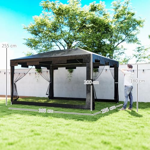 Outsunny Carpa de Jardín 4x3 m Cenador Desmontable Exterior con 4 Mosquiteras Laterales 2 Puertas con Cremallera y 6 Orificios de Drenaje Impermeable Anti-UV para Terraza Patio Playa Gris Oscuro - imagen 7