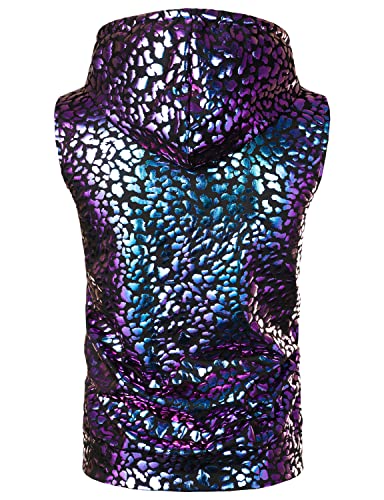 Image of ZEROYAA Mens 70s Metallic Sleeveless Hooded Vest T Shirt | Shiny, Disco, Sparkle, Party, Dance, NightClub, Halloween, Cosplay, Hipster, Kangaroo Pocket, Zip Up