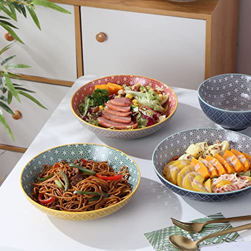 Chubacoo Pasta Bowls Set Of 4: Large Salad Serving Bowls - Wide & Shallow Dinner Bowls - Colorful Deep Pasta Plates For Entree - Big Ceramic Bowl For Kitchen Microwave Safe - 8.5 In, 36 Oz (Colored) #TOP2