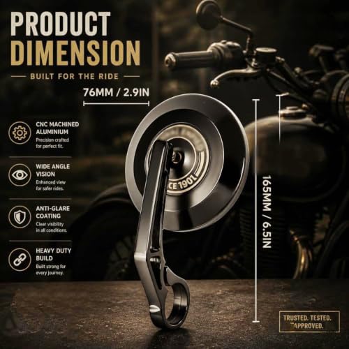 Image of SAAD Round Convex Bar End Mirror Compatible With All RE Motorcycles | Classic 350, Hunter 350, Meteor 350, etc | Rear View Mirror | Metal Handle & ABS Frame | Set of 2 Black | Bullet Accessories