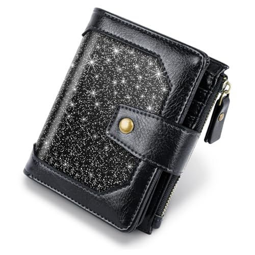 Image of Women Leather Wallet RFID Blocking Small Bifold Zipper Pocket Wallet Card Case Purse with ID Window, Black Glitter