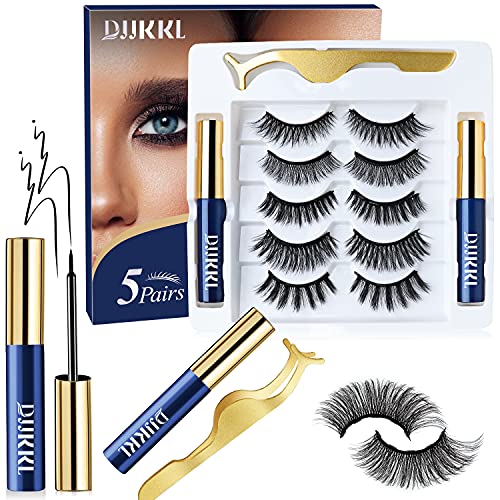 DJJKKL Magnetic Eyelashes, Magnetic Eyelashes Mink With Eyeliner Kit, Magnetic Lashes Fluffy Natural Looking Reusable [Black-5 Pairs]