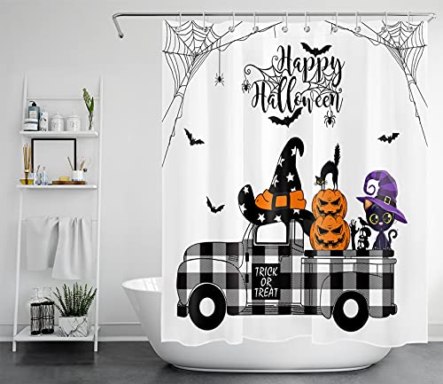 EOBTAIN Happy Halloween Trick or Treat Shower Curtain Black White Plaid Farmhouse...