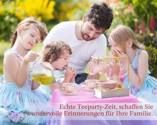 Foto von DUJUST Kleiner Tee-Set für Frauen, Marmor-Textur und Goldene Zierleiste, Rosa Porzellan-Tee-Party-Set für Mädchen, 1 Teaarte (650ml), 6 Tassen (120 ml), 6 Untertassen, 1 Regal & 1 Wärmer