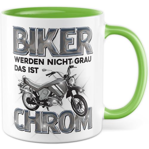 Biker Tasse mit Spruch - Geschenk Biker werden nicht grau, das ist Chrom - Kaffeetasse aus Keramik 330ml - Biker Motorrad Motorradfahrer Bike Kaffee-Becher Geschenkidee Chrom